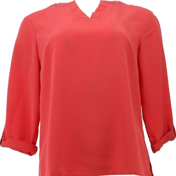 NWT LANDS' END PETITE ROLL TAB SLEEVE SPLIT NECK BLOUSE TOP CRIMSON DAWN 0P - Picture 1 of 8